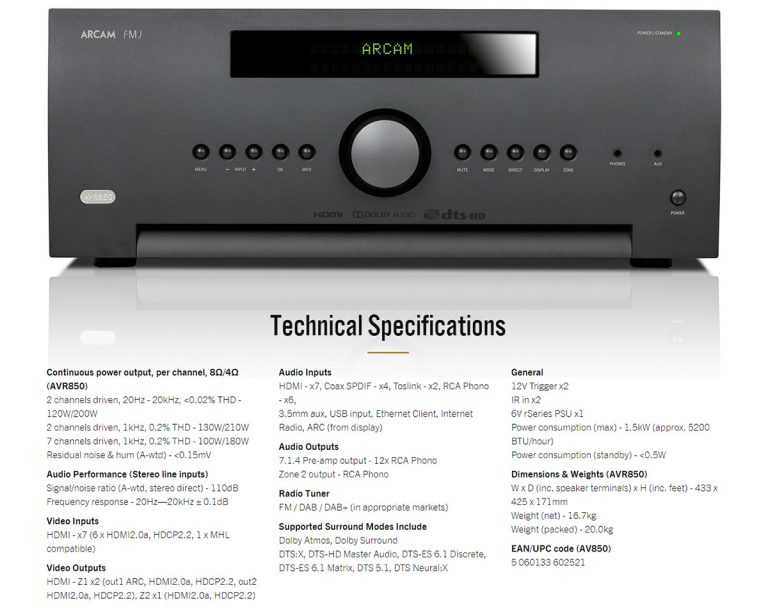Arcam AVR850 - короткий, но максимально информативный обзор. Для большего удобства, добавлены характеристики, отзывы и видео.